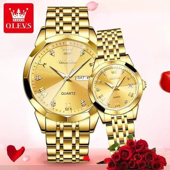 OLEVS কাপল সম্পূর্ণ সোনালী ঘড়ি (২পিস 