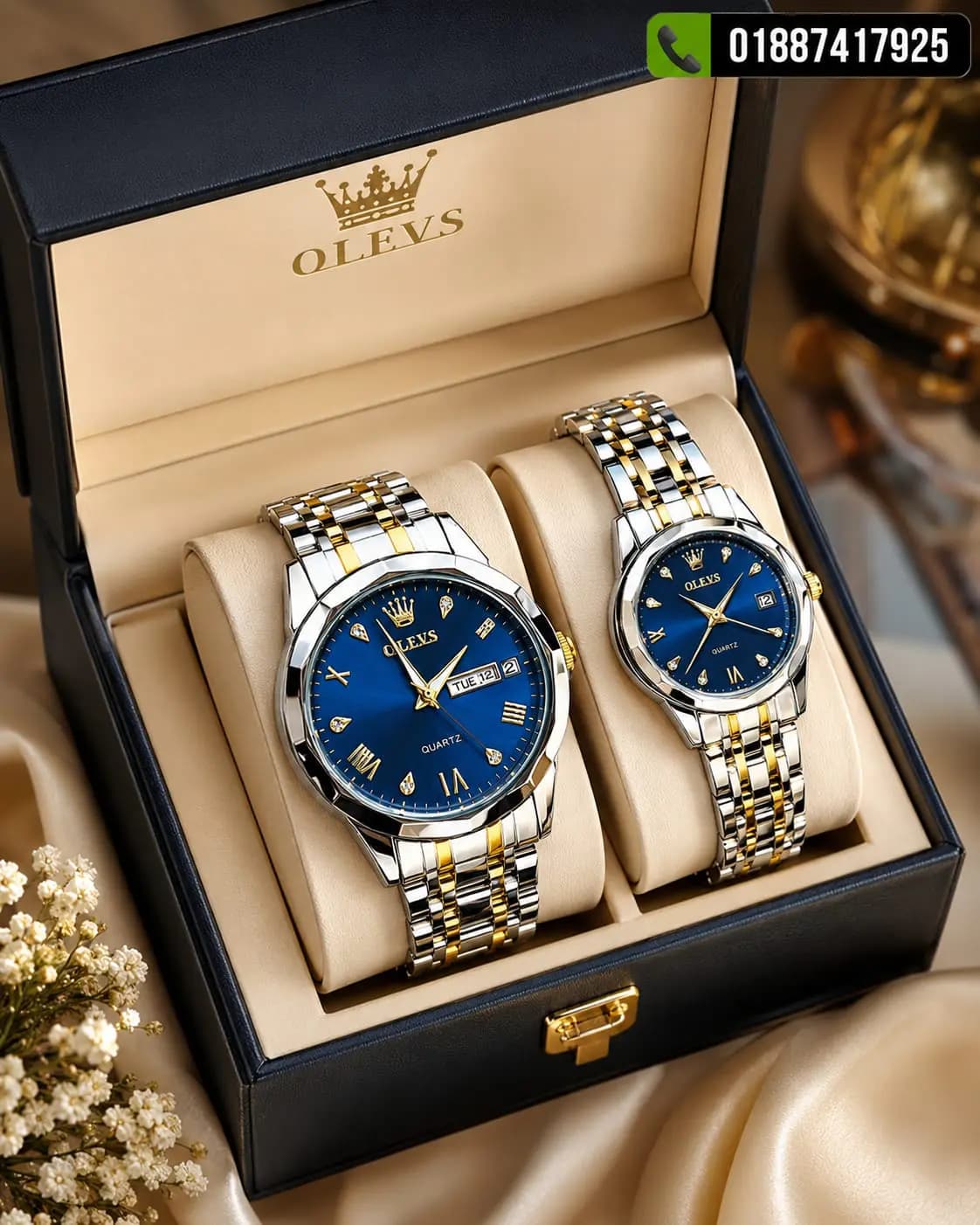 Oleves কাপল ঘড়ি নীল (2 পিস)